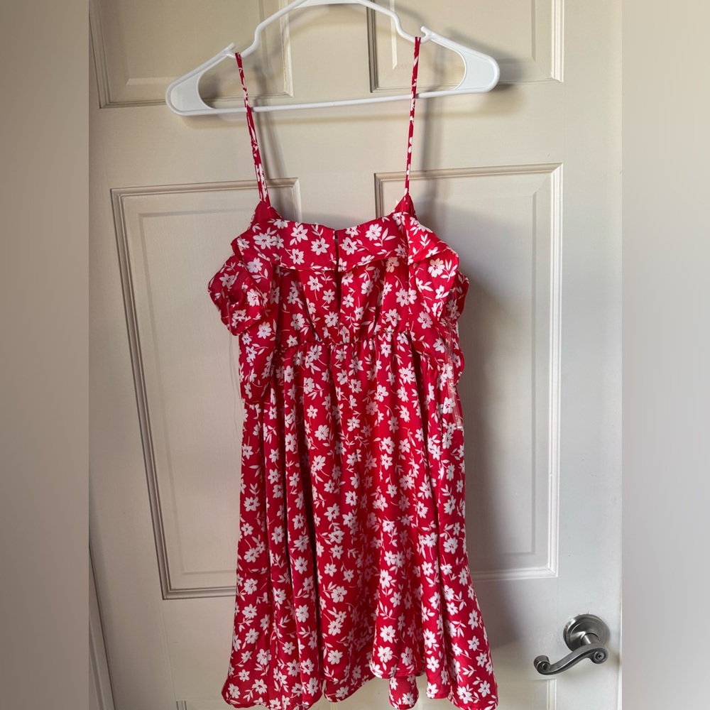 Red w/white floral mini length dress, ruffle detail neck line & hem, size medium